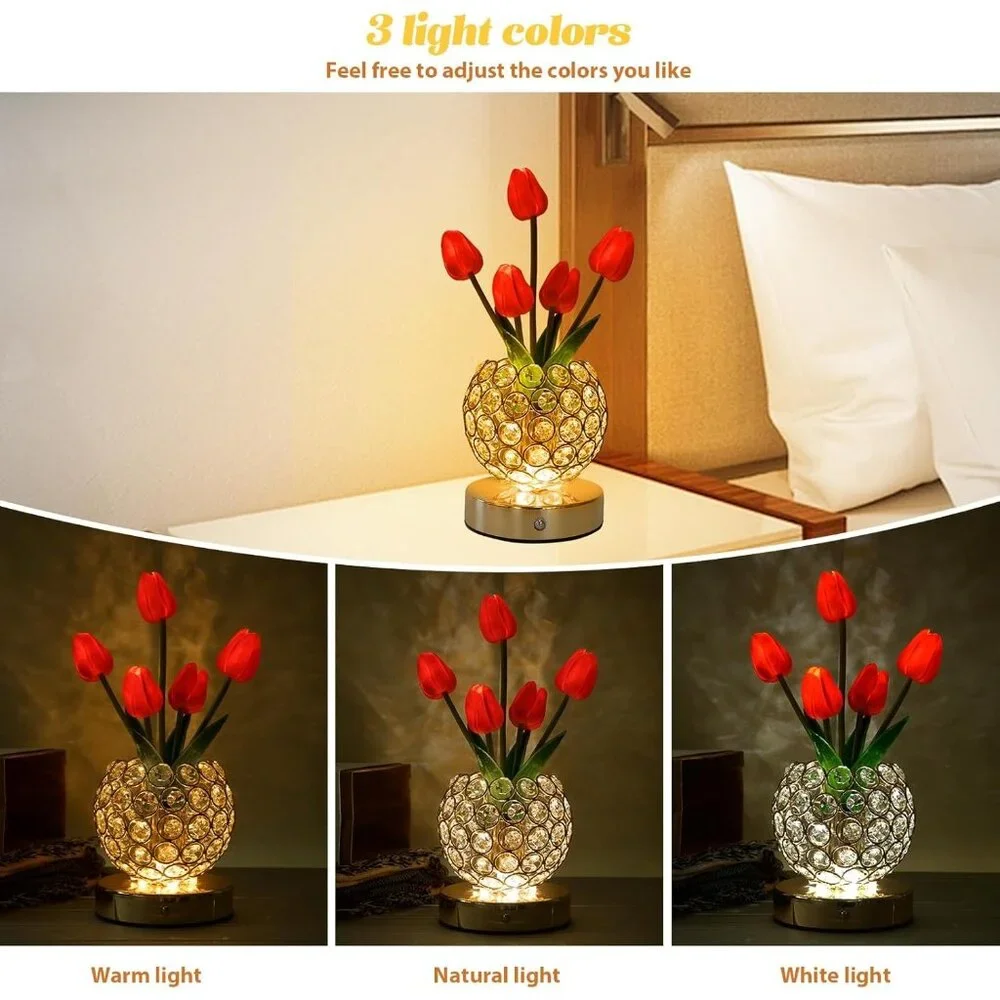 Crystal Red Tulip Flower Rechargeable Cordless Touch Light Lamp Home Decor